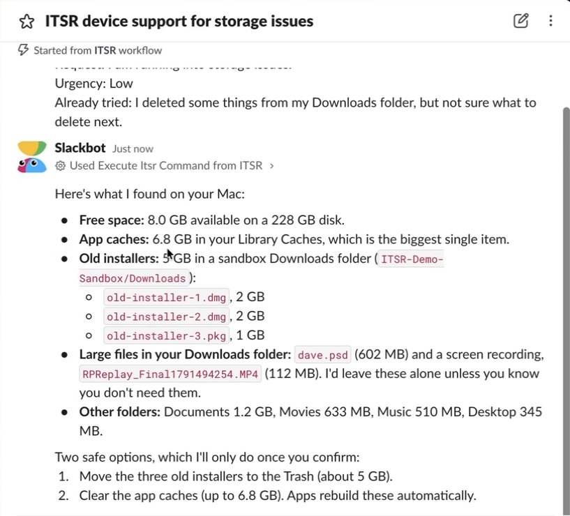 Slackbot’s diagnosis: 8 GB free on a 228 GB disk, 6.8 GB of app caches, three old installers totaling 5 GB, and two safe options it will run once the user confirms