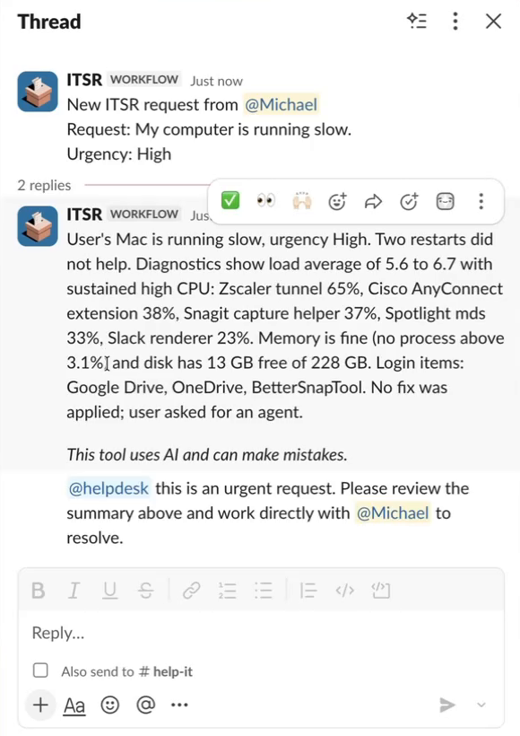 Thread in the help channel: new request with an escalation summary and an @helpdesk ping because it’s urgent